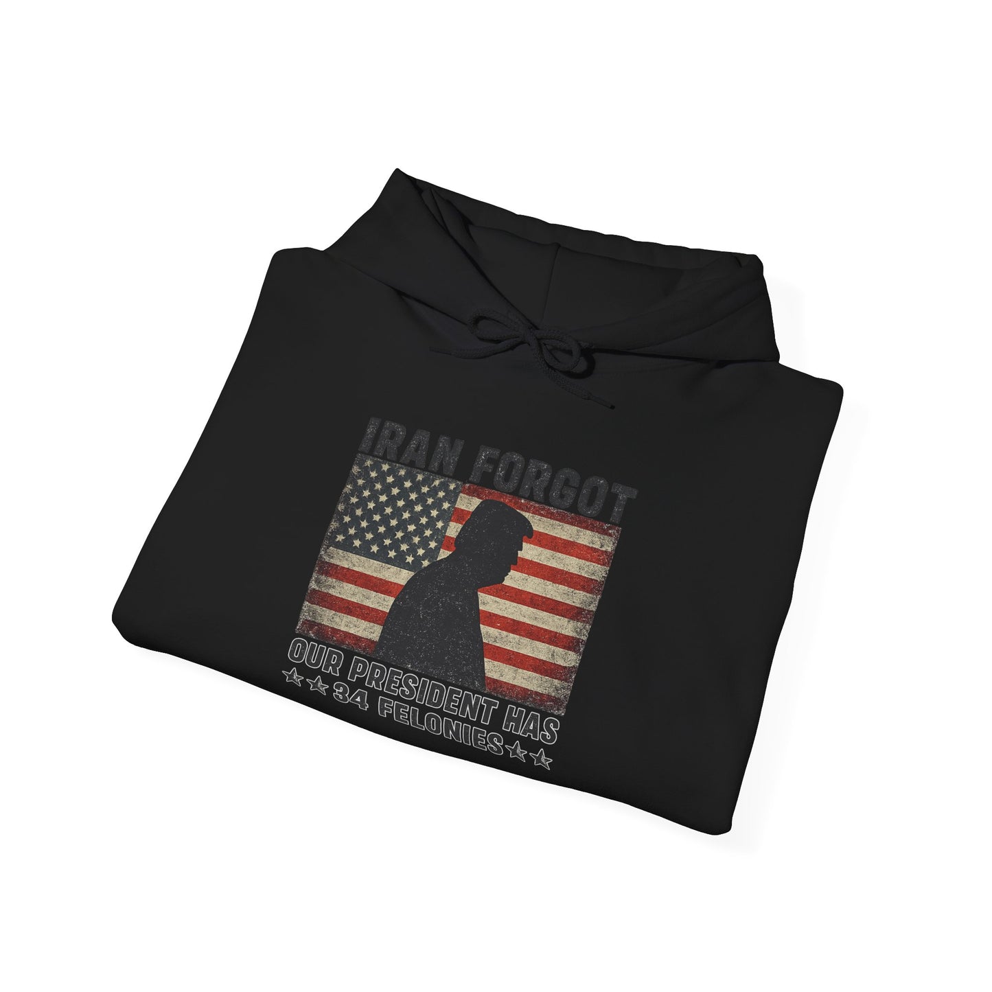 "Iran Forgot, Our President Has 34 Felonies" President Trump Signature Gildan Brand Hoodie