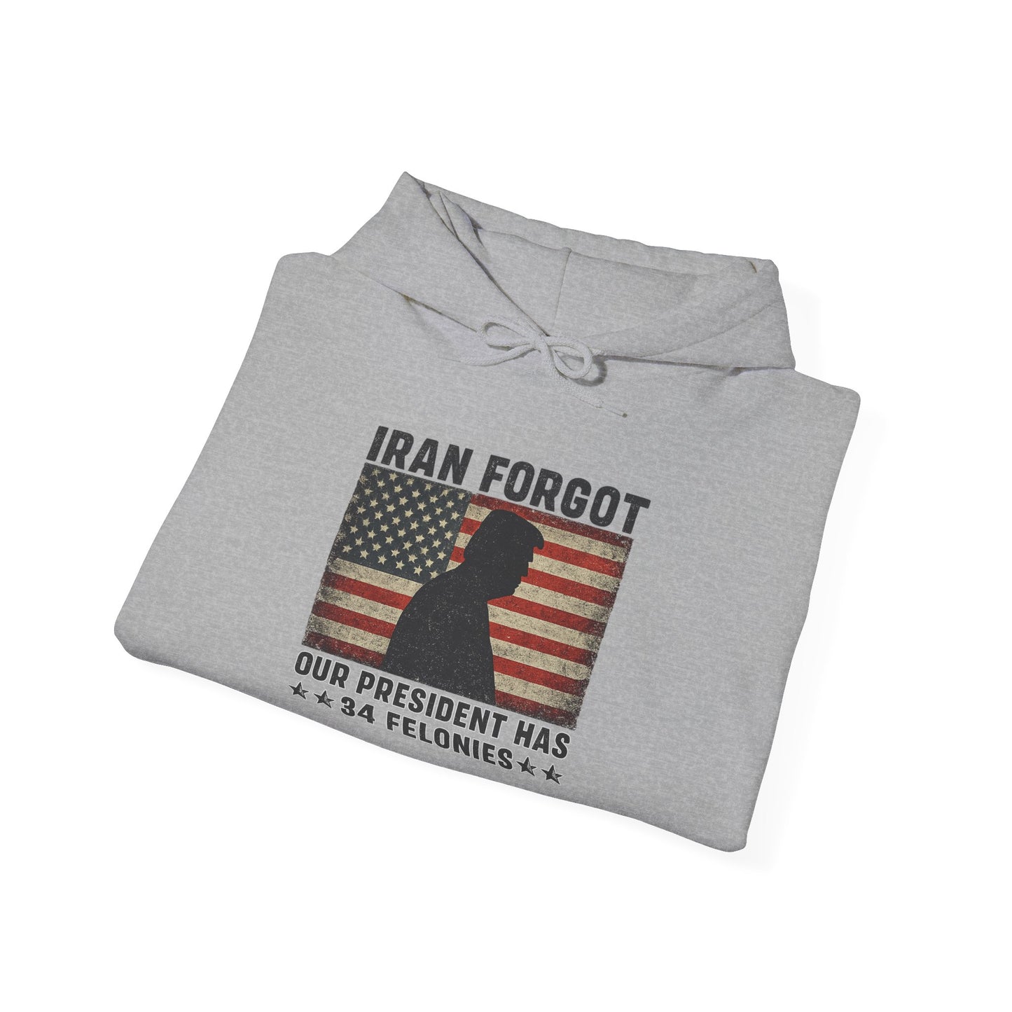 "Iran Forgot, Our President Has 34 Felonies" President Trump Signature Gildan Brand Hoodie