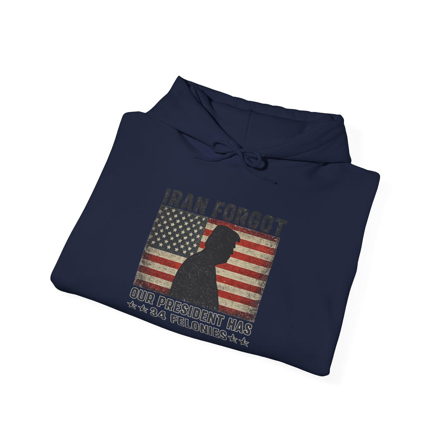 "Iran Forgot, Our President Has 34 Felonies" President Trump Signature Gildan Brand Hoodie