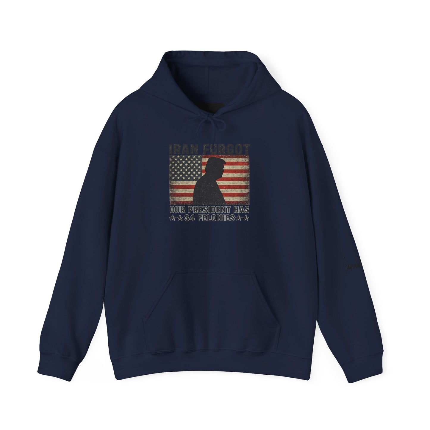 "Iran Forgot, Our President Has 34 Felonies" President Trump Signature Gildan Brand Hoodie