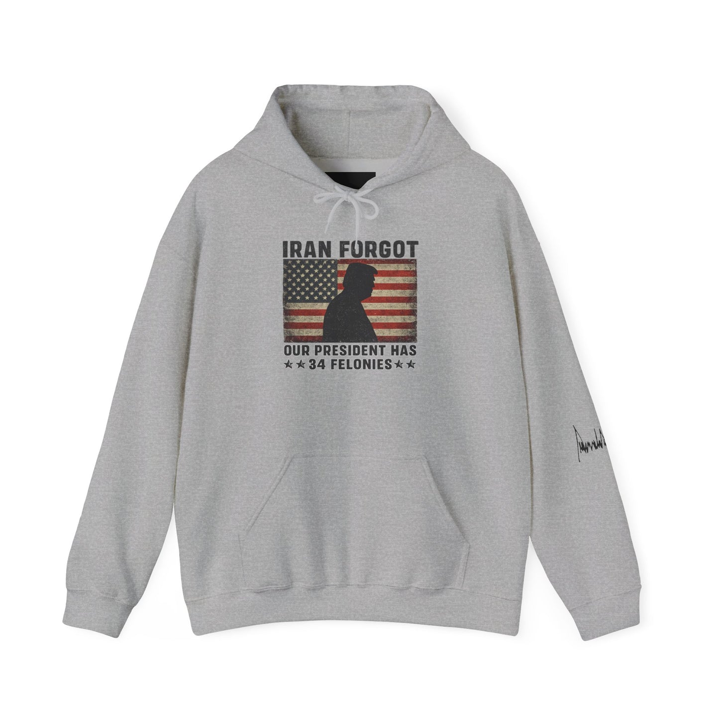 "Iran Forgot, Our President Has 34 Felonies" President Trump Signature Gildan Brand Hoodie