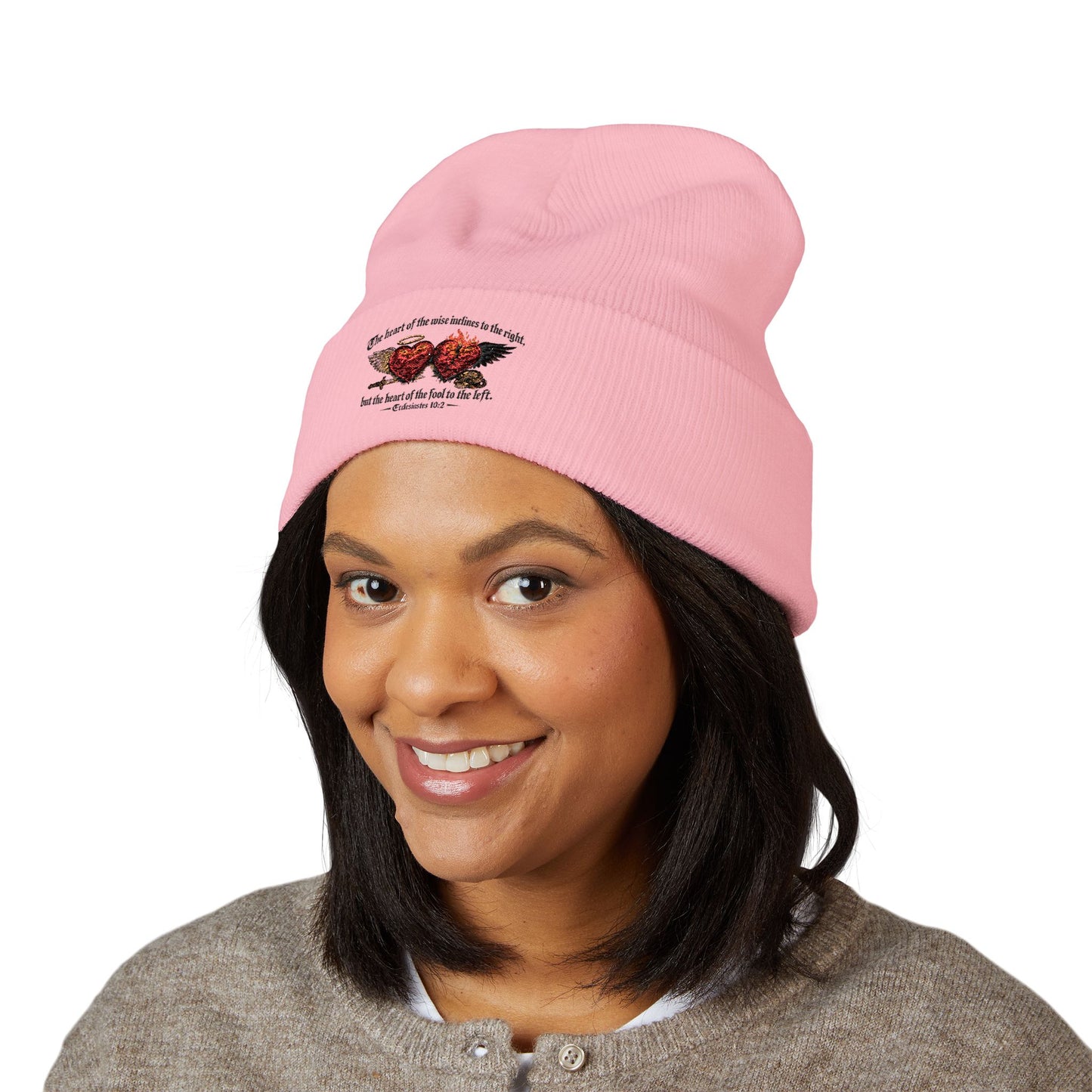 Ecclesiastes 10:2 Winged Hearts Conservative & Liberal Meanings Embroidered Cuffed Beanie